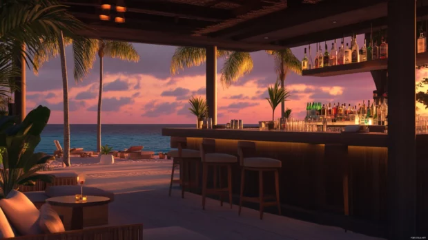 A 3D render of a beachside bar with a view of the sunset.