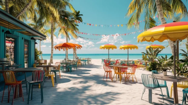 A 3D render of a beachside cafe with colorful umbrellas.