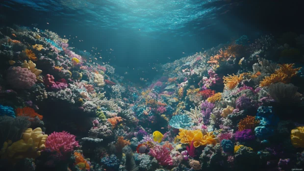 A 3D render of a coral reef teeming with marine life.