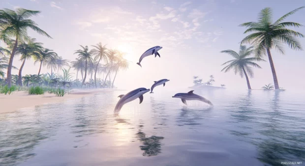 A 3D wallpaper of a group of dolphins swimming and jumping in the ocean near a beach.