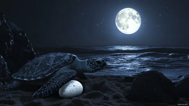 A 3D wallpaper of a sea turtle hatching from its egg on a beach at dark night.