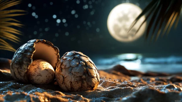 A 3D wallpaper of a sea turtle hatching from its egg on a beach at night.