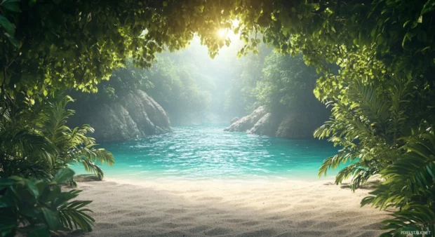 A HD background of a secluded cove with turquoise water, white sand, and lush vegetation.