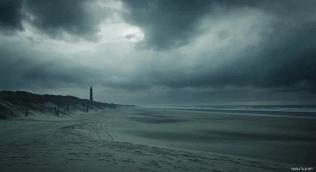 A HD beach scene with a lighthouse in the background.