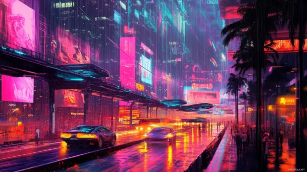 A HD digital artwork of a futuristic Miami Beach scene.