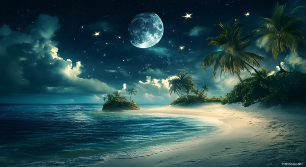 A HD surreal depiction of a beach at night .