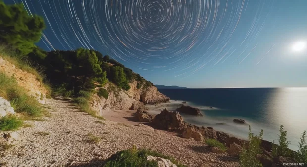 A HD time lapse image of the stars moving across the night sky .