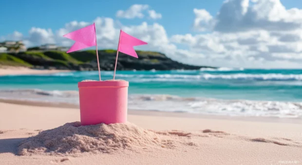 A HD wallpaper of a beach with a pink sandcastle on the sand .