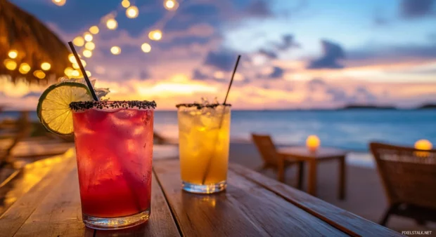 A HD wallpaper of beachside bar with tropical drinks and snacks.