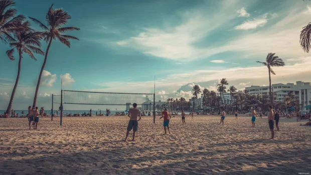 A Miami Beach scene with a group of friends playing volleyball desktop wallpaper.