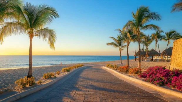 A PC wallpaper of beach walkway leading down to the sand at sunrise .