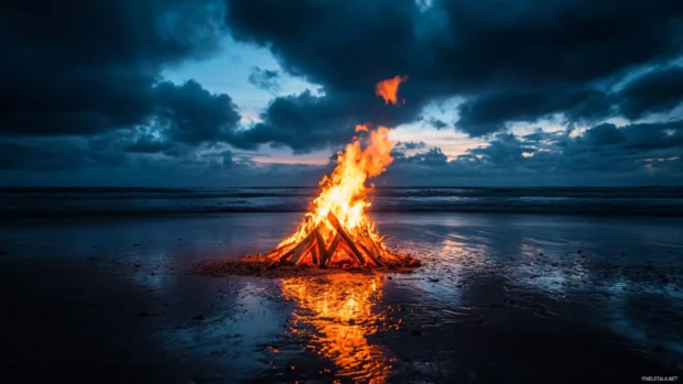 A PC wallpaper of bonfire burning on a beach at dark night.