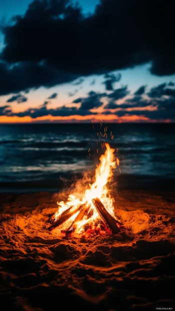 A aesthetic beach scene at night with a bonfire and the blue ocean.