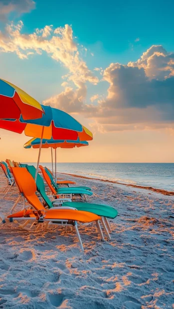 A aesthetic wallpaper with beach scene at sunset with colorful umbrellas and beach chairs.