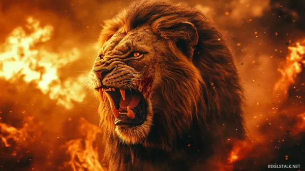 A battle scarred lion, fur stained with blood, roars boldly in a burning savanna, flames and smoke swirling.