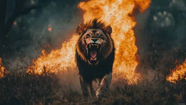 A battle scarred lion with bloodstained fur, roaring fearlessly in the middle of a burning savanna.