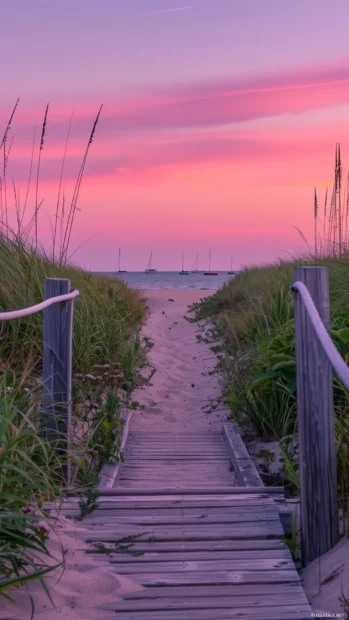 A beach boardwalk at sunset with sailboats in the distance.