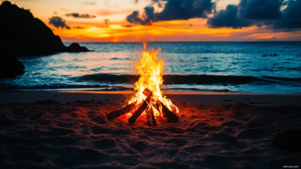 A beach bonfire burning brightly as the sun rises high definition wallpaper.