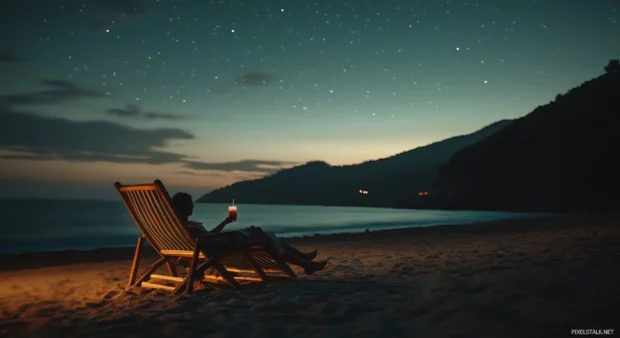 A beach chair and umbrella silhouetted against a starry dark sky (3).