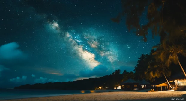 A beach chair and umbrella silhouetted against a starry dark sky (4).