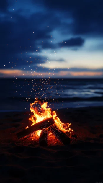 A beach scene at night with a bonfire and the blue ocean reflecting the light of the flames.