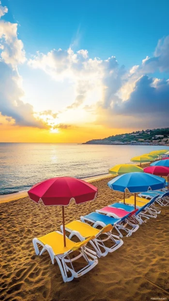 A beach scene at sunset with colorful umbrellas and beach chairs.