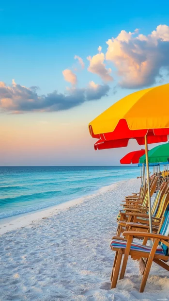 A beach scene at sunset with colorful umbrellas and beach chairs phone wallpaper.