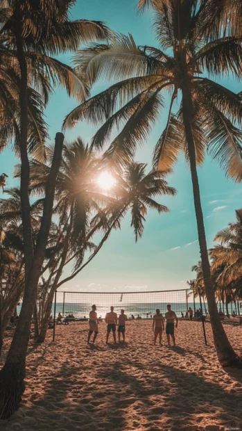 A beach scene with a group of friends playing volleyball phone wallpaper.