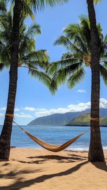 A beach scene with a hammock tied between two palm trees for phone wallpaper.