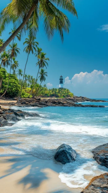 A beach scene with a lighthouse in the background for a aesthetic computer wallpaper.