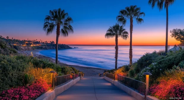 A beach walkway leading down to the sand at sunrise wallpaper.