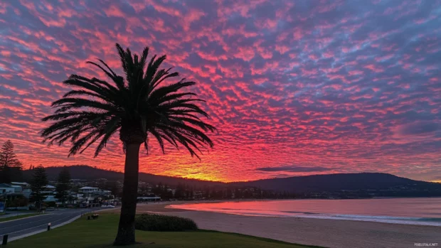 A beach wallpaper of a palm tree with stunning sunrise sky in the background.