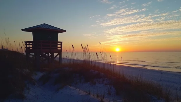 A beach wallpaper of lifeguard tower silhouetted against a stunning sunrise.