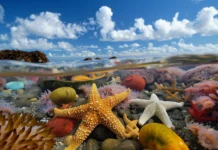 A beach with tide pools filled with starfish and sea anemones for desktop background.