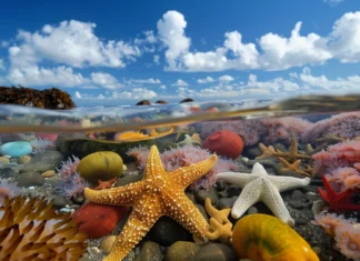 A beach with tide pools filled with starfish and sea anemones for desktop background.