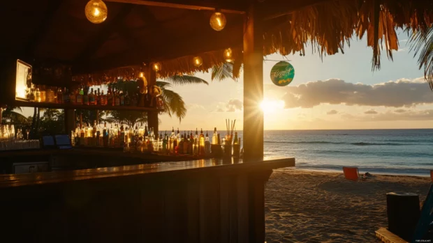 A beachside bar with tropical drinks and snacks at sunrise for desktop wallpaper.