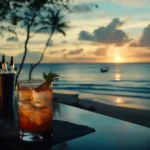 A beachside bar with tropical drinks and snacks for desktop wallpaper.