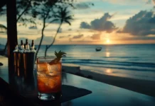 A beachside bar with tropical drinks and snacks for desktop wallpaper.