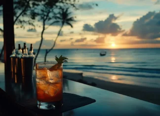 A beachside bar with tropical drinks and snacks for desktop wallpaper.