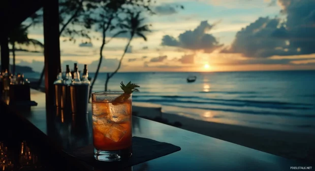 A beachside bar with tropical drinks and snacks for desktop wallpaper.