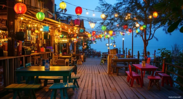 A beachside cafe with colorful lights and decoration for desktop background.