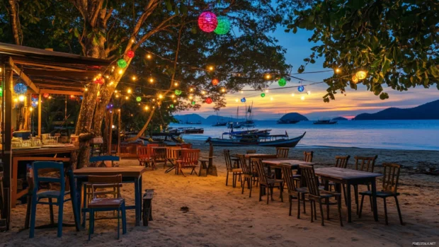 A beachside cafe with colorful lights and decorations wallpaper for desktop.