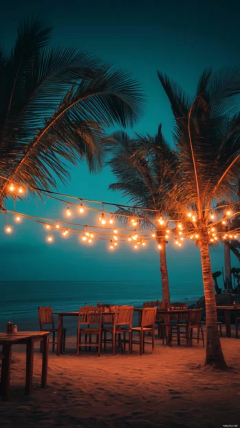 A beachside cafe with string lights and palm trees wallpaper.