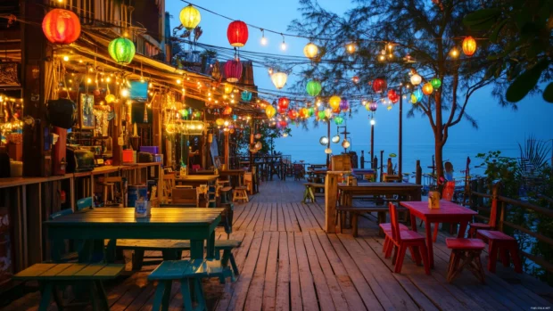 A beachside caffe with colorful lights and decorations at sunrise for desktop .