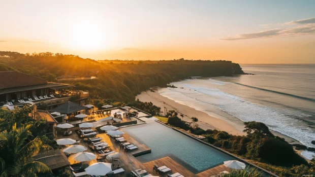 A beachside hotel with a swimming pool and lounge chairs for PC wallpaper.