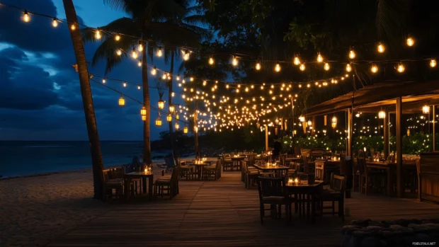 A beachside restaurant with lanterns and string lights.