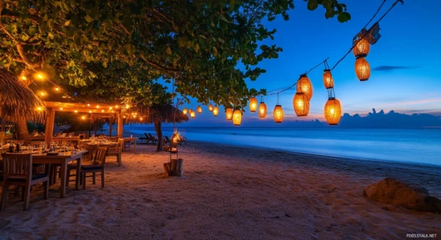 A beachside restaurant with lanterns and string lights for desktop wallpaper.