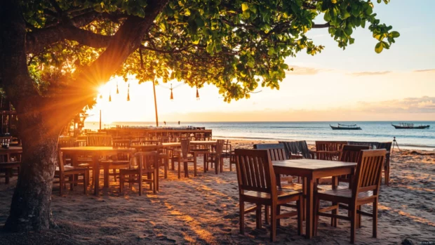 A beachside restaurant with outdoor seating for sunrise beach wallpaper.