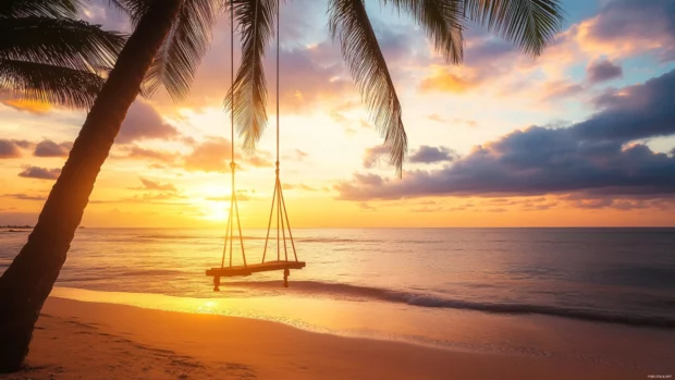 A beachside swing hanging from a palm tree at sunrise wallpaper.