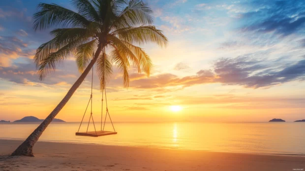 A beachside wallpaper of a swing hanging from a palm tree .